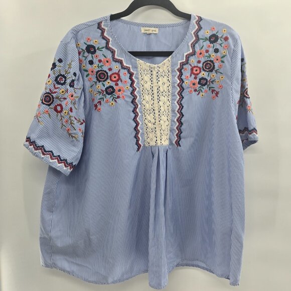 Jennifer & Grace Blue White Striped Embroidered Lace Short Sleeved Blouse 1x - Picture 1 of 8